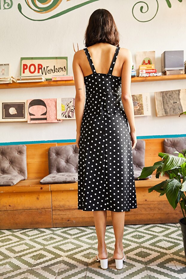 Kadın Siyah Puantiyeli Fermuarlı Büyük Palmiye Desenli Elbise ELB-19000615 - 2