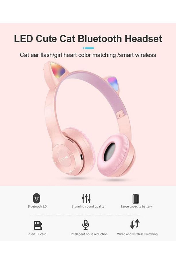 P47m Kedili Katlanabilir Kulak Üstü Kablosuz Bluetooth 5.0 Kulaklık Ledli Çocuk Kulaklık - 3