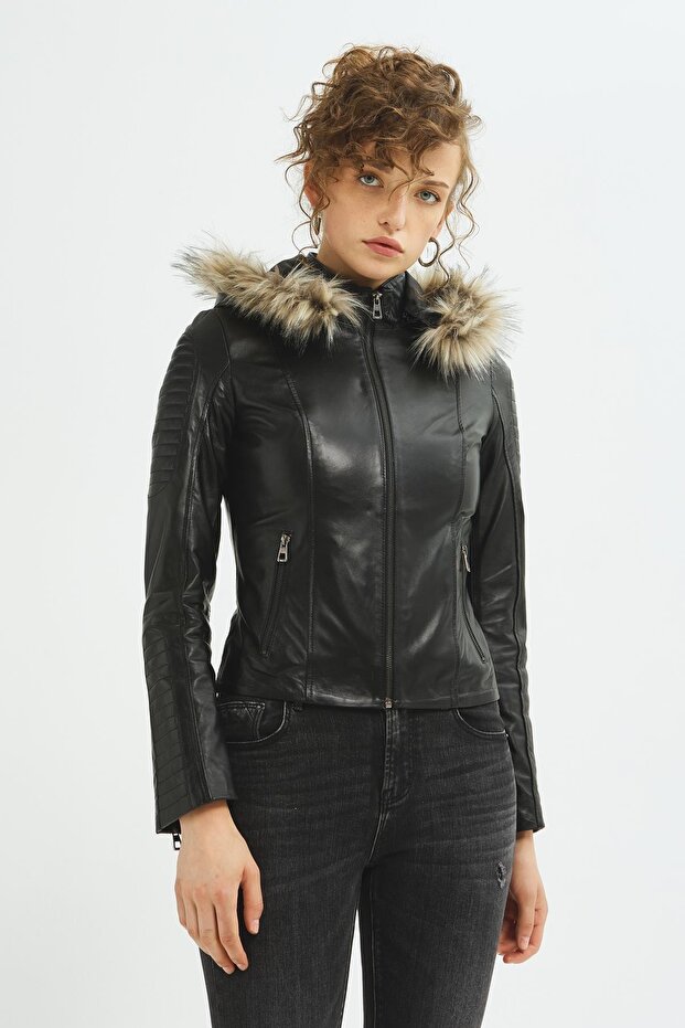 Kadın Siyah Deri Mont - 4