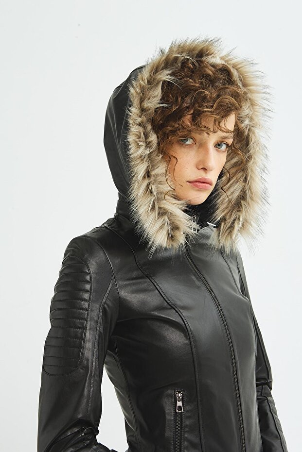 Kadın Siyah Deri Mont - 5