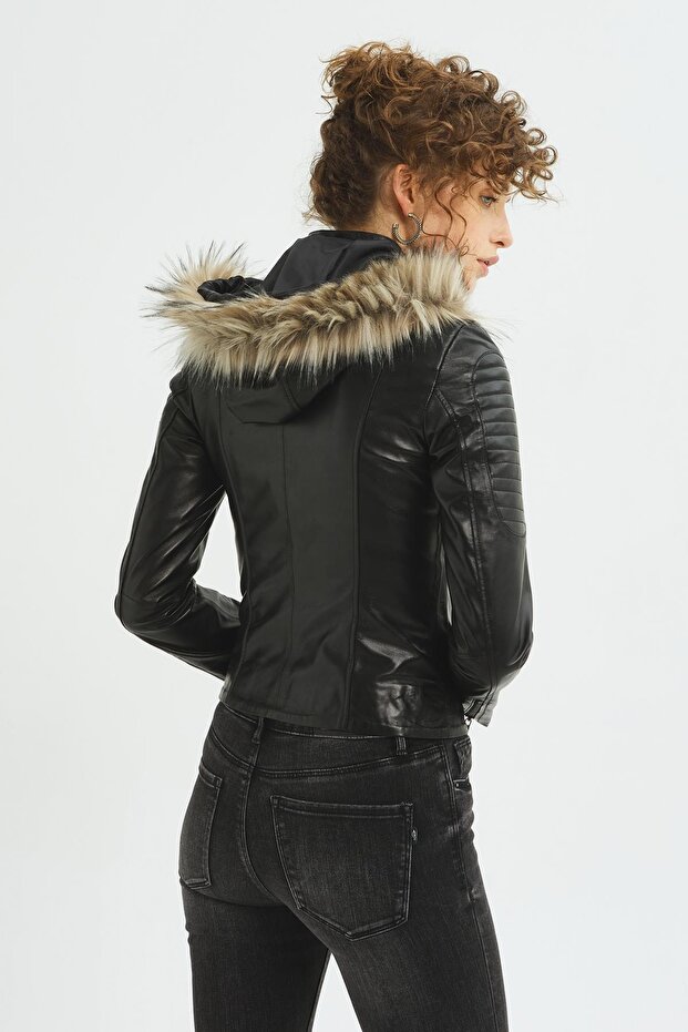 Kadın Siyah Deri Mont - 6