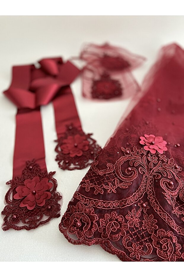 Three-Dimensional 3D Sultan Laced Pearl and Flower Embellished Bridal Veil Girdle Gloves Set Henna Night Wedding