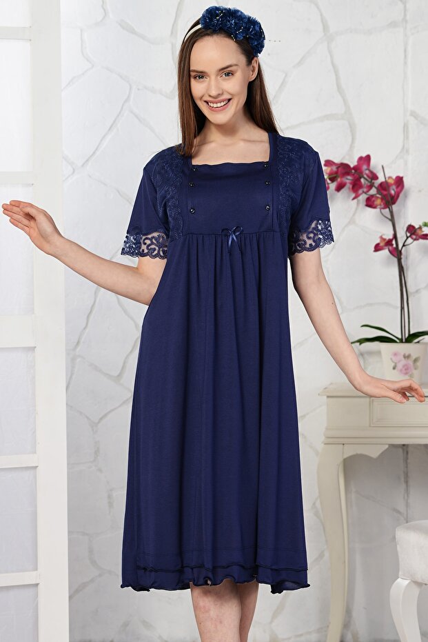 Women's Navy Blue Lace Maternity Nightgown