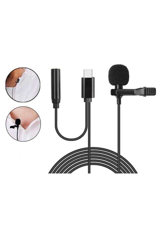 3.5 mm Kulaklık Girişli Type-c Profesyonel Youtuber Yaka Mikrofonu 1.5 Metre - Al2632 - 1