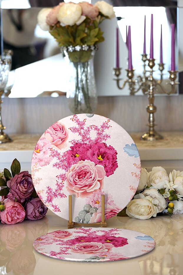 2-Piece Powder Flowers Themed Digital Printed Modern Round Charger & Placemat