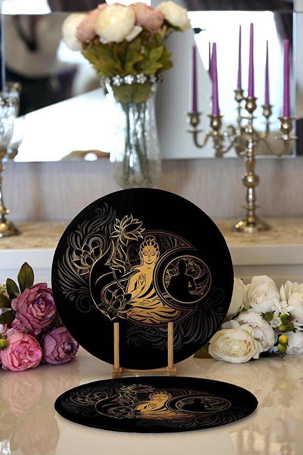 Set of 2: Modern Round Placemats & Serving Pads with Special Design and Digital Printed , Featuring Far Eastern Gold Yoga Motifs.