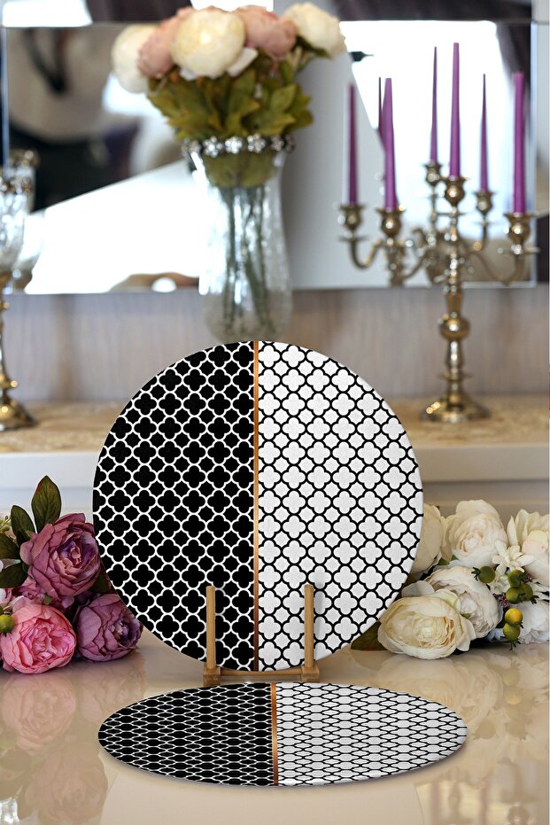 2-Piece Black & White Ogea Patterned Digital Printed Modern Round Plate & Placemat