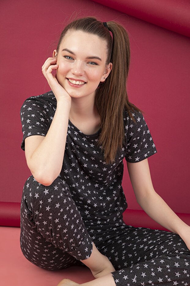 PAMUKLU BASKILI KISA KOL PİJAMA TAKIM - 3