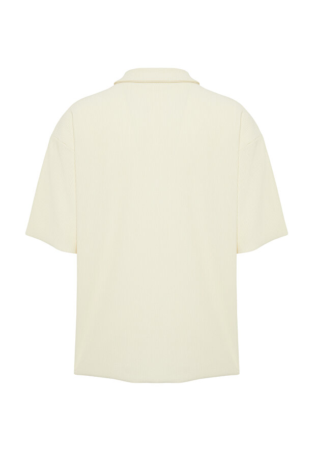 Ekru Oversize/Geniş Kesim Kırışmaz Ottoman Polo Yaka T-Shirt TMNSS23PO00020 - 8