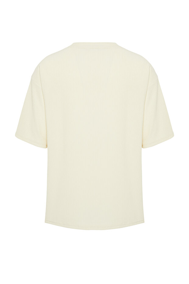 Ekru Oversize Bisiklet Yaka Kısa Kol Dokulu Ottoman T-Shirt TMNSS23TS00081 - 8