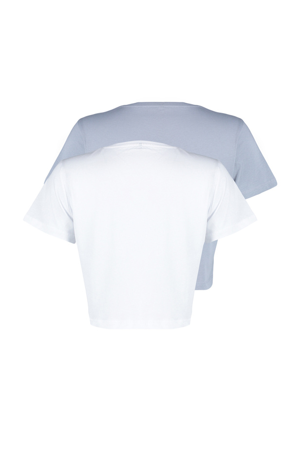 Beyaz-Gri 2'li Paket %100 Pamuk Crop Bisiklet Yaka Örme T-Shirt TWOSS20TS1480 - 7