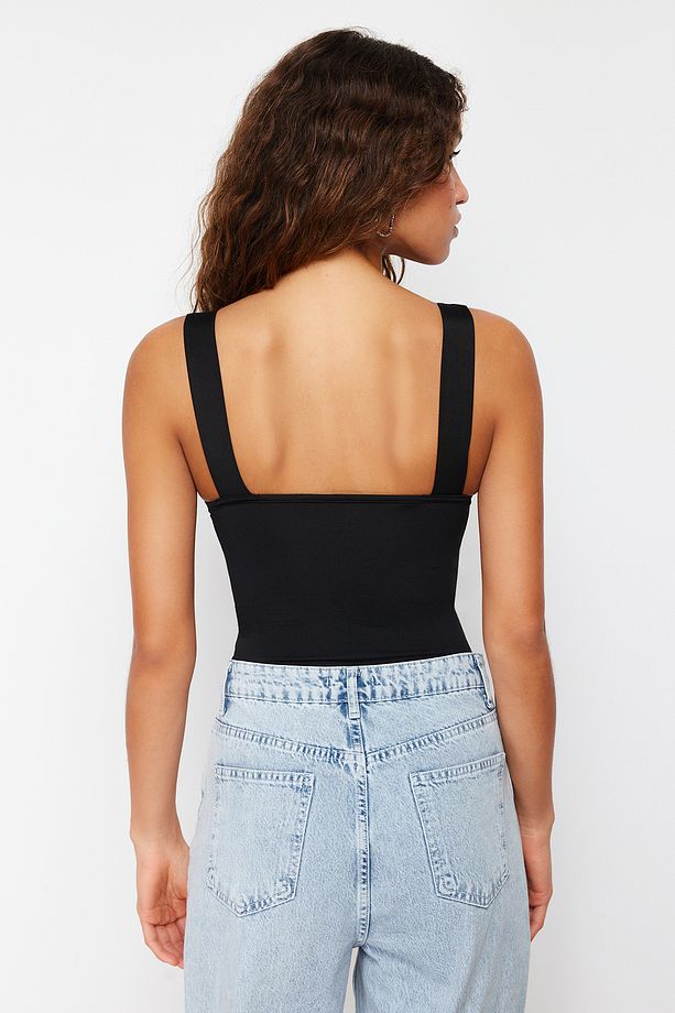 Siyah Fitted/Vücuda Oturan Sırtı Detaylı Kare Yaka Çıtçıtlı Esnek Örme Body TWOSS24BD00026 - 6