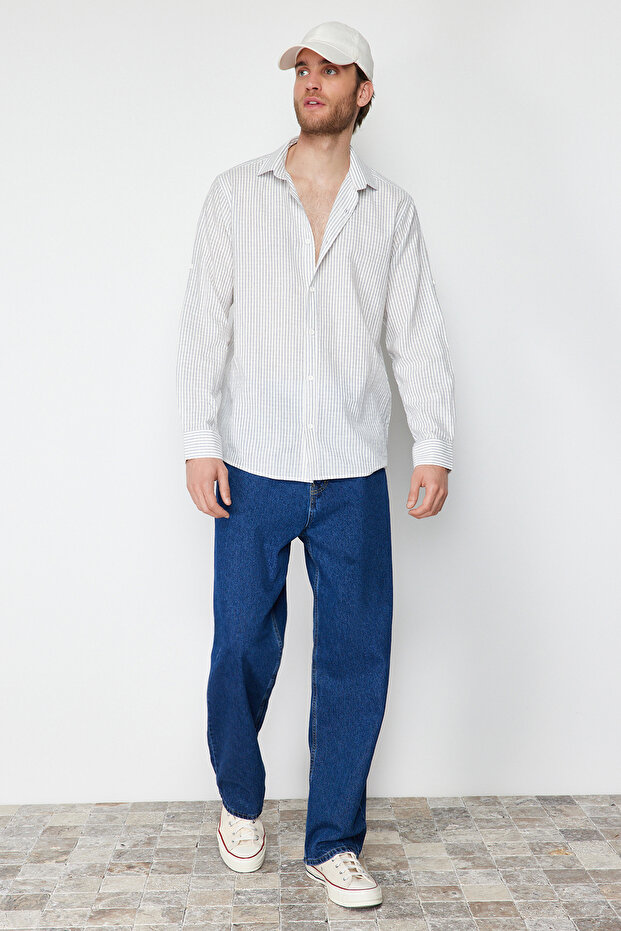 Lacivert Regular Fit Keten Karışımlı Çizgili Gömlek TMNSS23GO00134 - 2