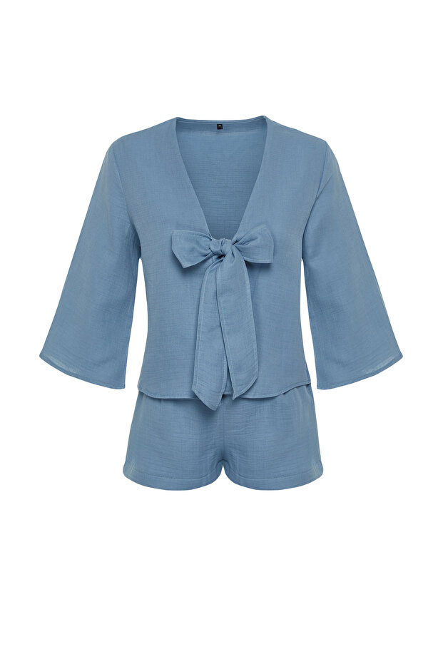 Mavi %100 Pamuklu Bağlama/Kurdele/Fiyonk Detaylı Müslin Şortlu Dokuma Pijama Takımı THMSS24PT00077 - 8