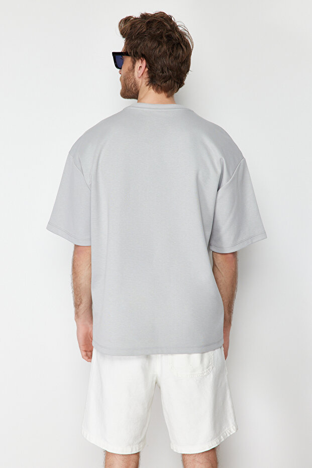 Gri Oversize/Geniş Kesim Yılan Nakışlı Kalın İnterlok T-Shirt TMNSS24TS00018 - 2