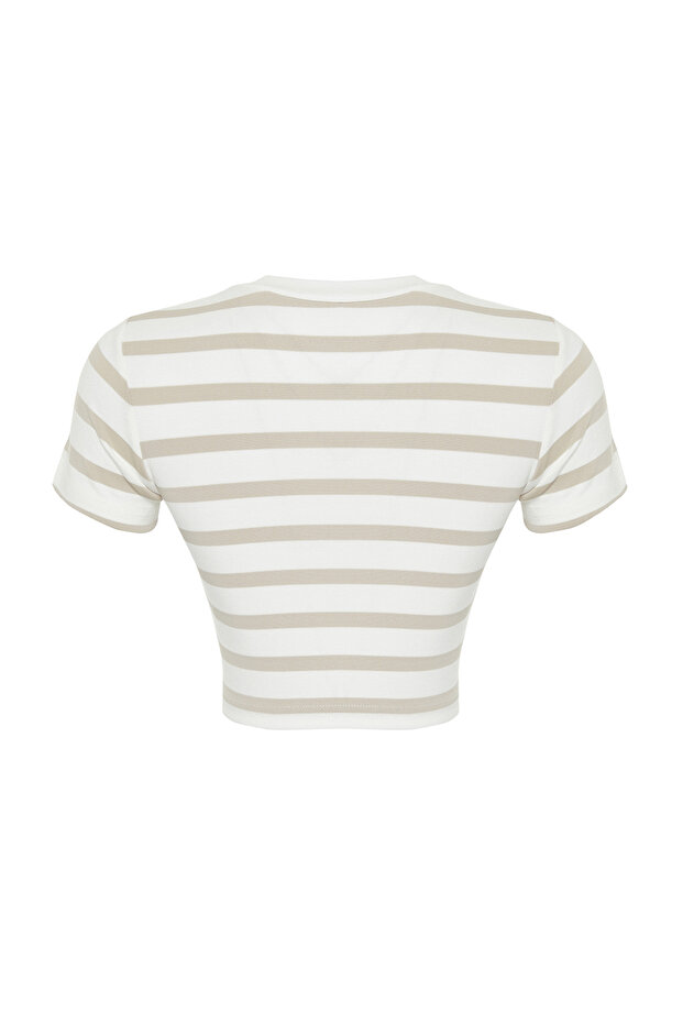 Taş Ekru Çizgili Viskoz/Yumuşak Kumaş Crop Bisiklet Yaka Esnek Örme Bluz TWOSS23BZ00198 - 8
