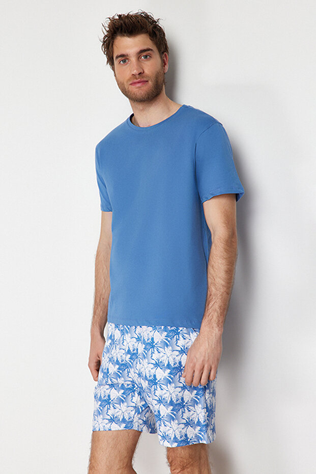 Mavi %100 Pamuk Regular Fit Palmiye Baskılı Şortlu Pijama Takımı THMSS21PT0331 - 2