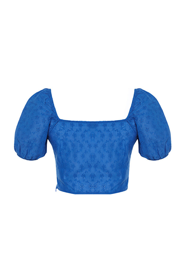 Indigo Brode Balon Kol Crop Dokuma Bluz TWOSS24BZ00236 - 8