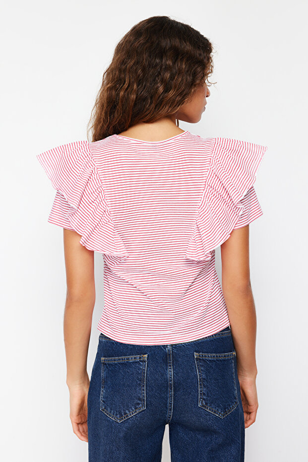 Fuşya Ekru Çizgili Kalın Pamuklu Fırfır Detaylı Regular/Normal Kalıp Örme T-Shirt TWOSS24TS00061 - 6