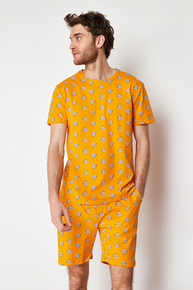Turuncu %100 Pamuk Regular Fit Koala Baskılı Örme Şortlu Pijama Takımı THMSS21PT1239 - 3