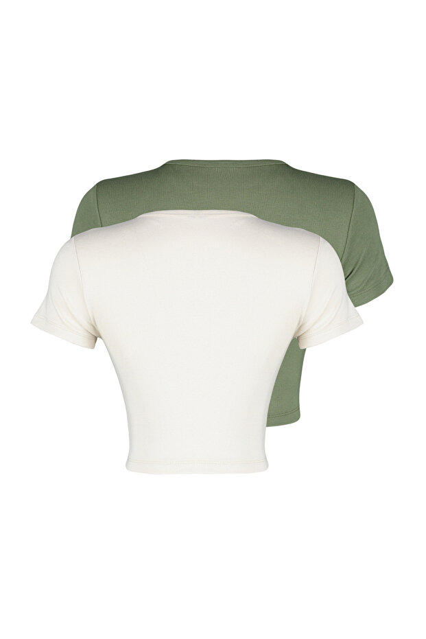 Premium-Crop-Top in Khaki-Light Stone, 2er-Pack Bluse aus viskosem/weichem Stoff - 7