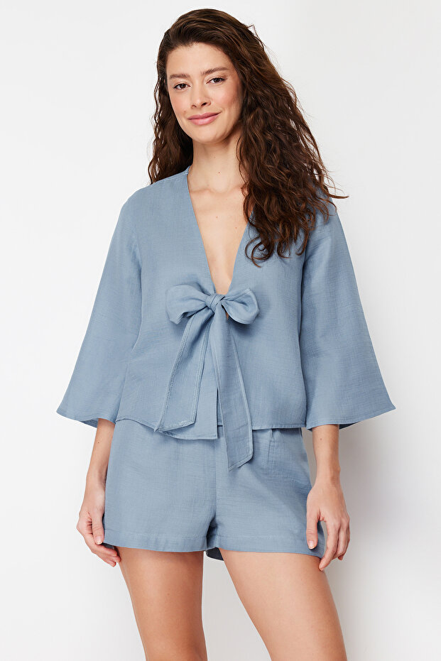 Mavi %100 Pamuklu Bağlama/Kurdele/Fiyonk Detaylı Müslin Şortlu Dokuma Pijama Takımı THMSS24PT00077 - 1