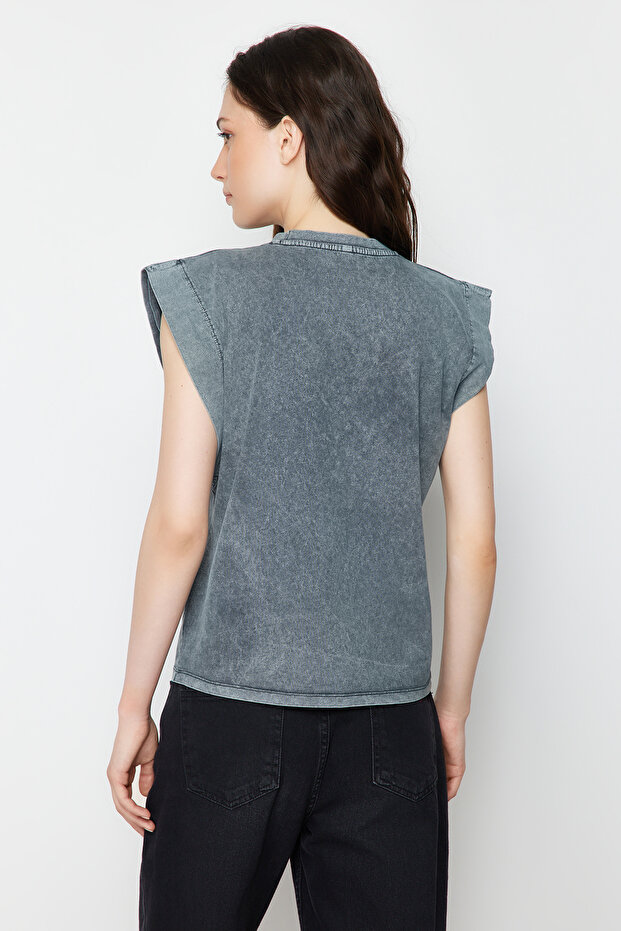Antrasit*001 Soluk Efektli %100 Pamuk Vatka Görünümlü Basic Bisiklet Yaka Örme T-Shirt TWOSS20TS0021 - 6