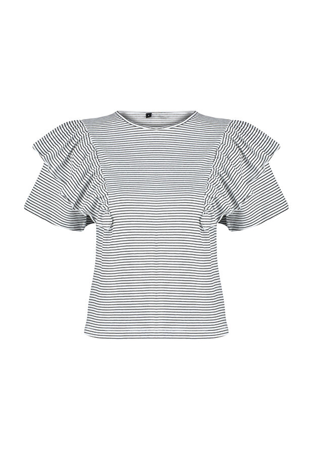 Siyah Kalın Pamuklu Kolları Fırfırlı Regular Çizgili Bisiklet Yaka Örme T-Shirt TWOSS24TS00061 - 7