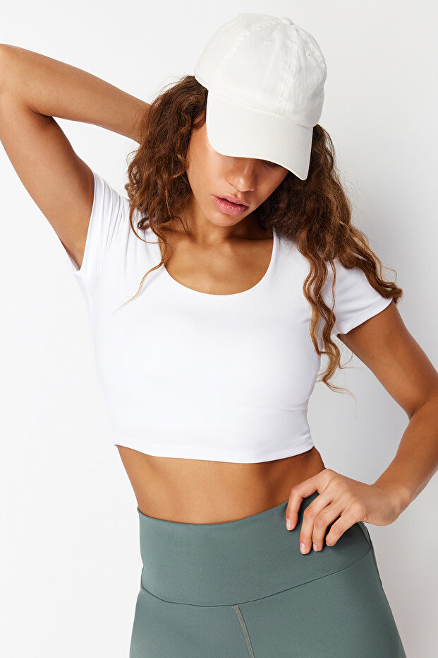 Beyaz 2 Katlı İçi Pedli Spor Sütyenli Crop Örme Spor Üst/Bluz THMSS24BZ00003 - 5