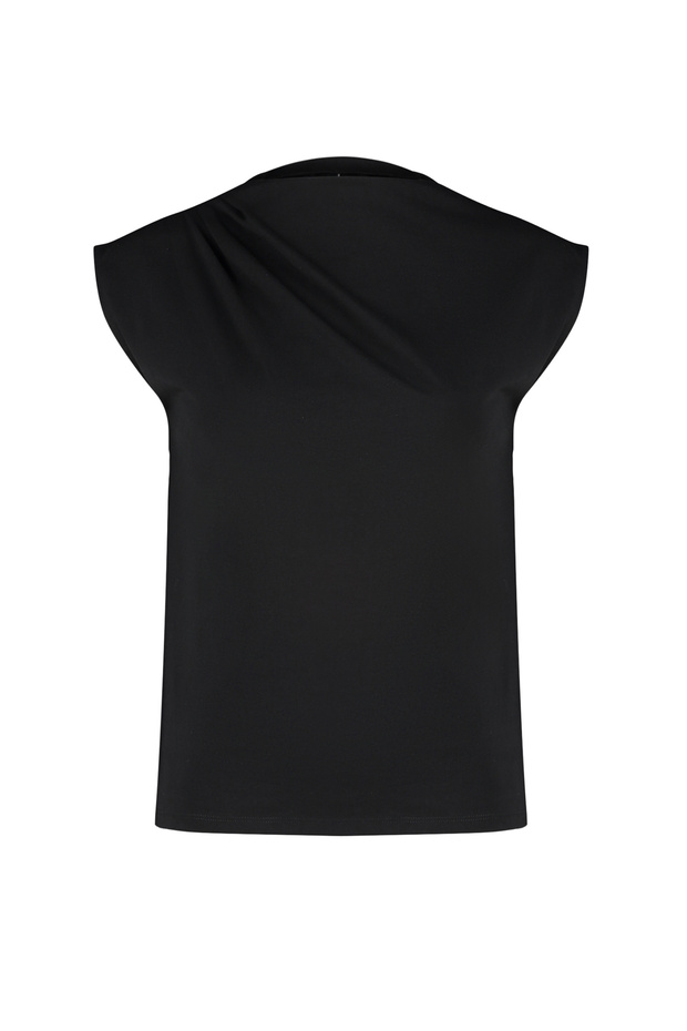 Siyah Kayık Yaka Sıfır Kol Büzgülü Örme T-Shirt TWOSS24TS00051 - 7