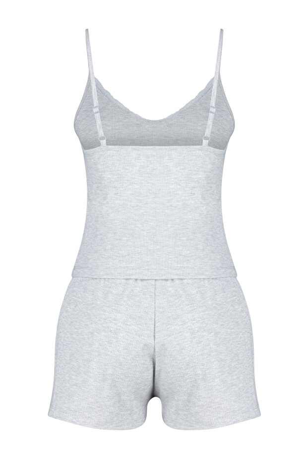 Gri Melanj Dantelli İp Askılı Fitilli Şortlu Örme Pijama Takımı THMSS24PT00080 - 8