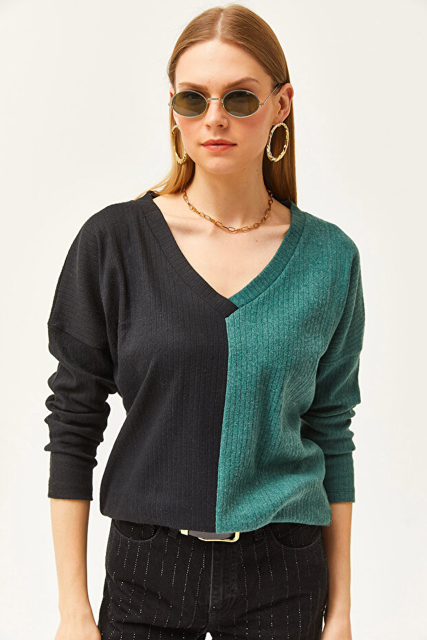 Women's Black Green Blocked Shirted Loose Blouse BLZ-19002519