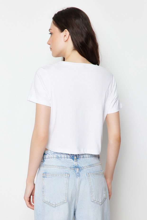 Beyaz-Gri 2'li Paket %100 Pamuk Crop Bisiklet Yaka Örme T-Shirt TWOSS20TS1480 - 3