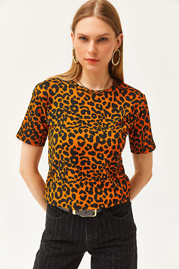 Women's Leopard Orange Corded Crop Knitted T-Shirt TSH-19000328
