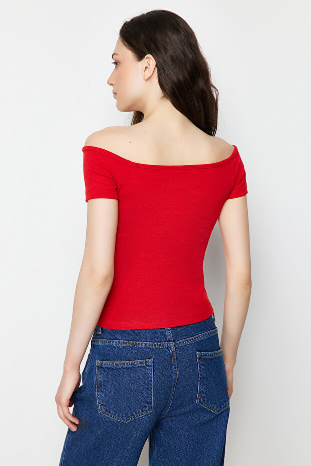 2'li Paket Lacivert Çizgili-Kırmızı Düz Carmen Yaka Crop Esnek Örme Bluz TWOSS24BZ00310 - 5