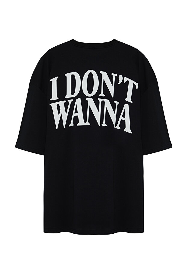 Büyük Beden Siyah Oversize Yazı Baskılı %100 Pamuklu T-shirt TMNSS24BF00031 - 7