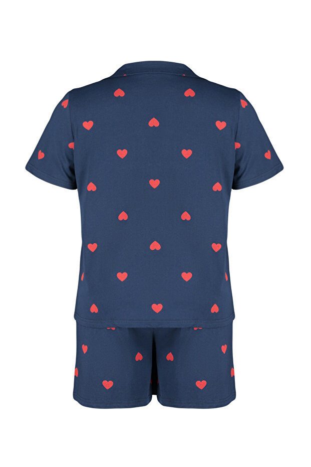 Lacivert Kalp Desenli Şortlu Gömlek Yaka Örme Pijama Takımı TBBSS24AI00026 - 8