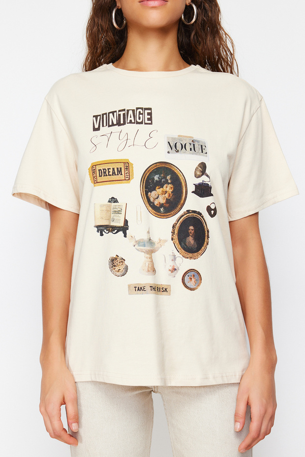 Taş %100 Kalın Pamuklu Baskılı Oversize Kalıp Bisiklet Yaka Örme T-Shirt TWOSS23TS00282 - 4