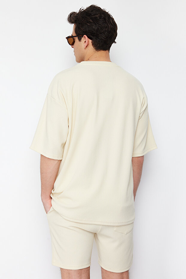Ekru Oversize Bisiklet Yaka Kısa Kol Dokulu Ottoman T-Shirt TMNSS23TS00081 - 2