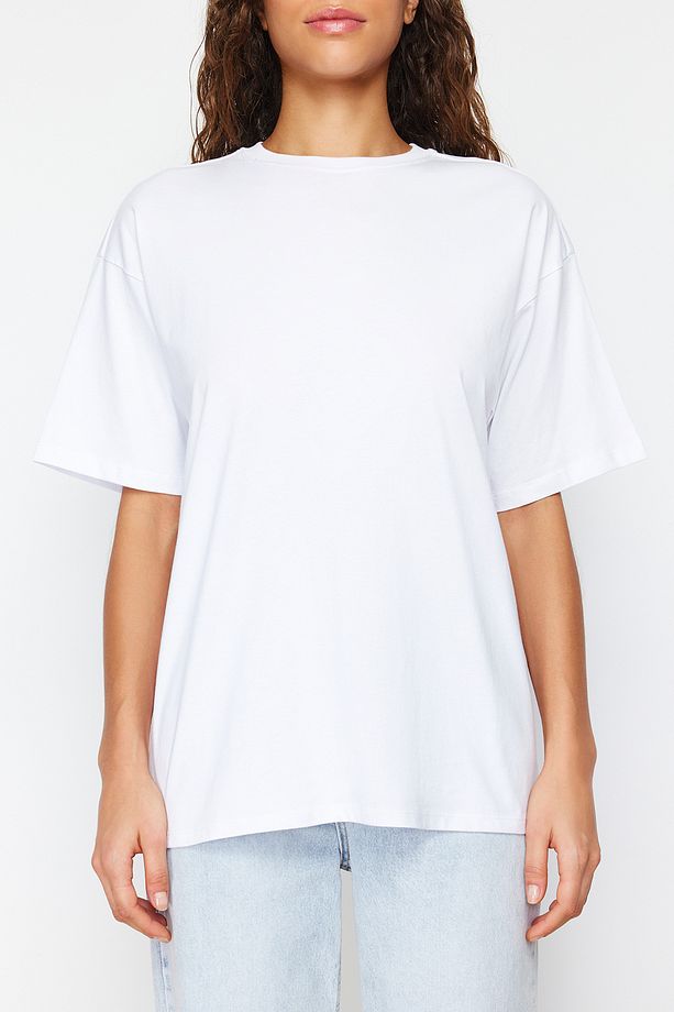 Beyaz %100 Pamuk Premium Oversize/Geniş Kalıp Bisiklet Yaka Örme T-Shirt TWOSS23TS00040 - 4