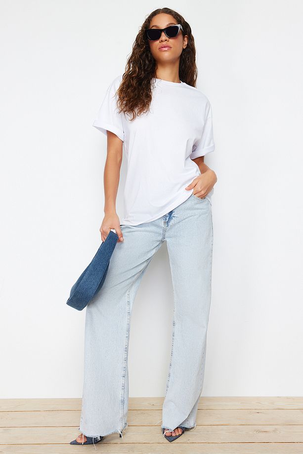 Beyaz %100 Pamuk Premium Oversize/Geniş Kalıp Bisiklet Yaka Örme T-Shirt TWOSS23TS00040 - 2