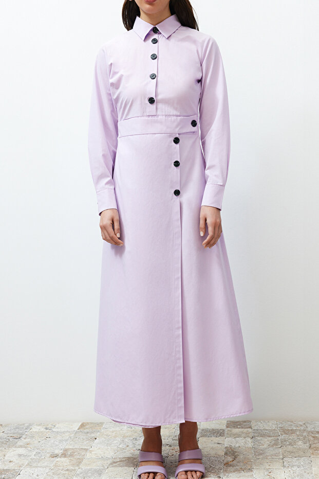 Liliowa koszula z kołnierzykiem i guzikami. Zwykła tkana sukienka TCTSS24EB00116 - 5