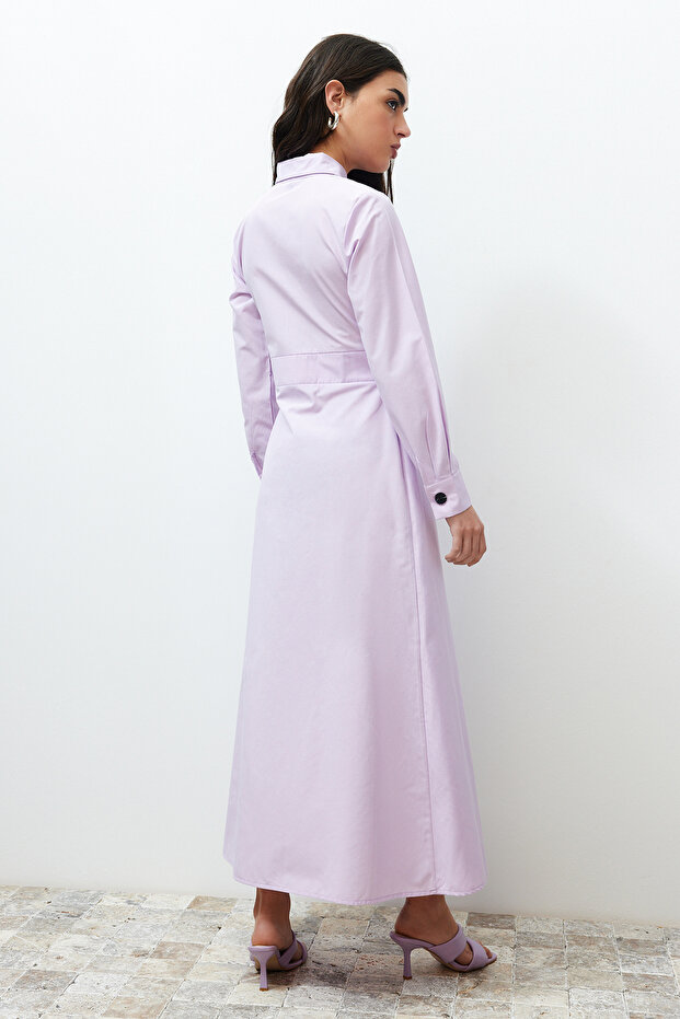 Liliowa koszula z kołnierzykiem i guzikami. Zwykła tkana sukienka TCTSS24EB00116 - 6