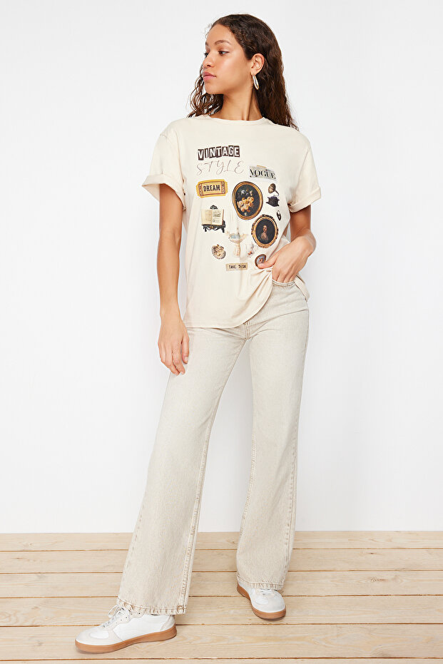Taş %100 Kalın Pamuklu Baskılı Oversize Kalıp Bisiklet Yaka Örme T-Shirt TWOSS23TS00282 - 2