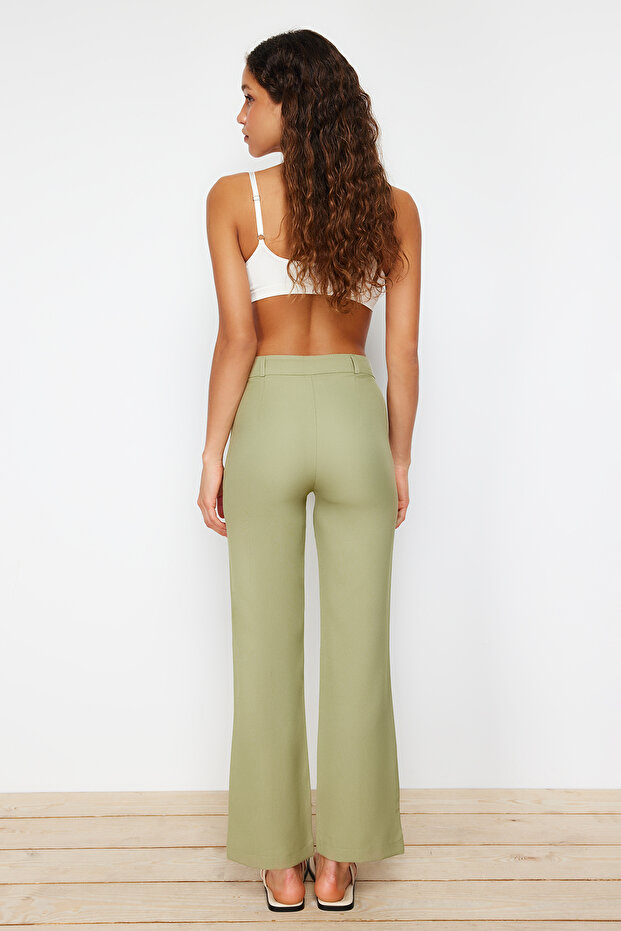 Yeşil Straight/Düz Kesim Yüksek Bel Nervür Dikişli Dokuma Pantolon TWOSS21PL0093 - 8
