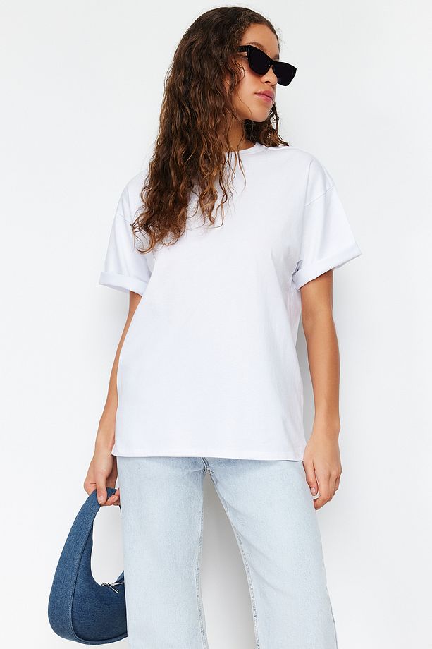 Beyaz %100 Pamuk Premium Oversize/Geniş Kalıp Bisiklet Yaka Örme T-Shirt TWOSS23TS00040 - 3