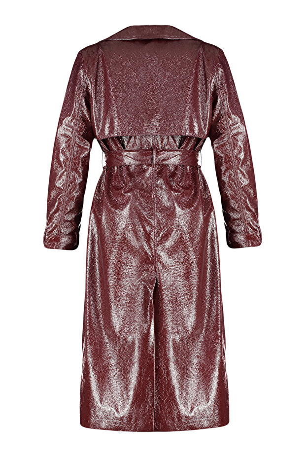 Bordowy, oversize, szeroki płaszcz z lakierowanej skóry TWOSS24TR00022 - 8