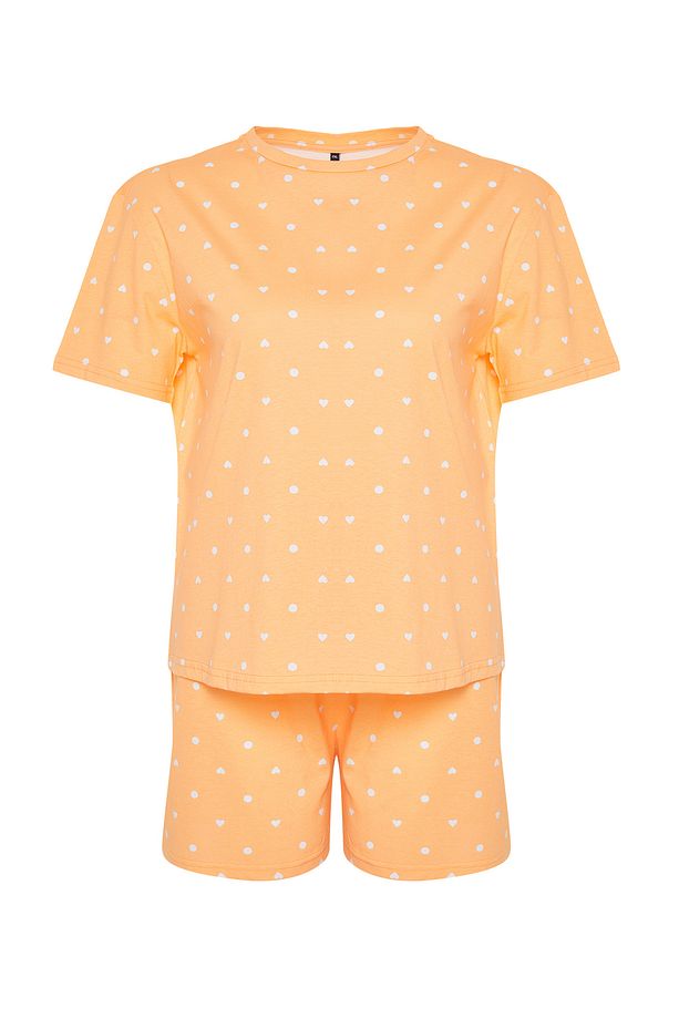 Turuncu %100 Pamuklu Puantiyeli ve Kalpli Şortlu Örme Pijama Takımı TBBSS24AI00025 - 7