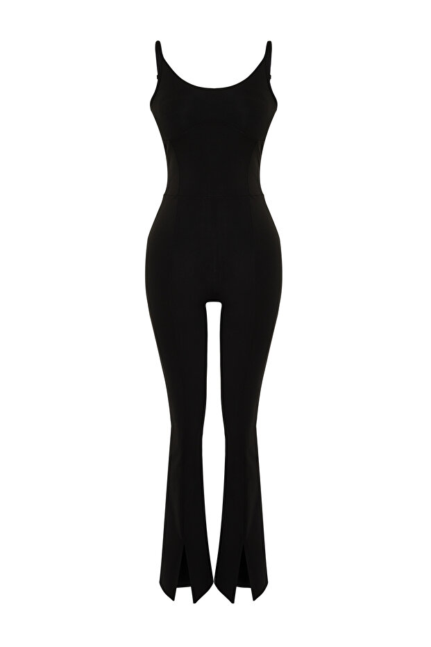 Siyah Ekstra Toparlayıcı Ayarlanabilir İp Askılı Destekli Yoga Örme Spor Tulum THMSS24TU00005 - 7