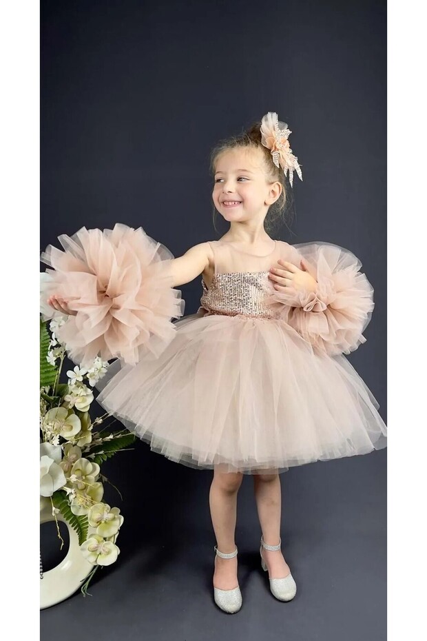 Chiffon Robe Pompom Sleeve Sequined Girl's Fluffy Skirt Tutu Evening Dress